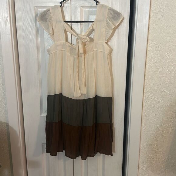Mine Womens Color-block Flutter Sleeve Tiered Tunic Mini Dress Brown Cream Small - Picture 7 of 9